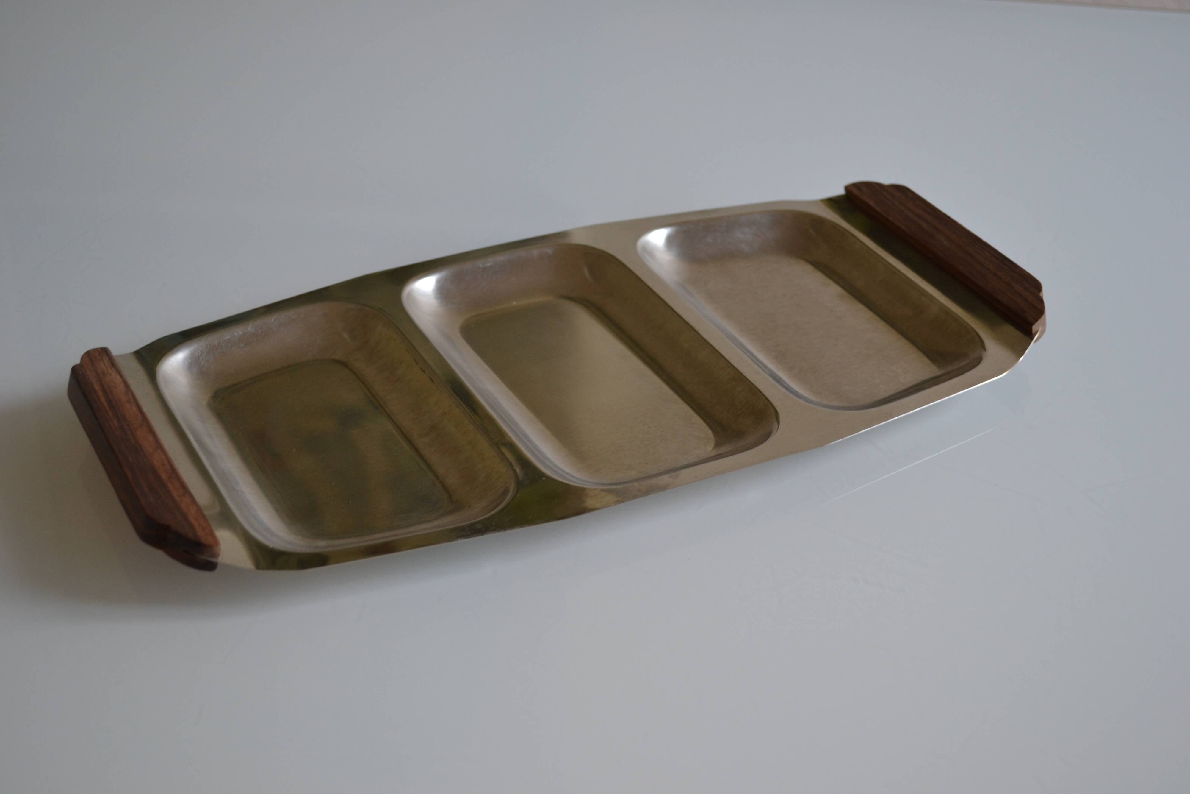 Plat de service vintage inox poignées teck made in Japan