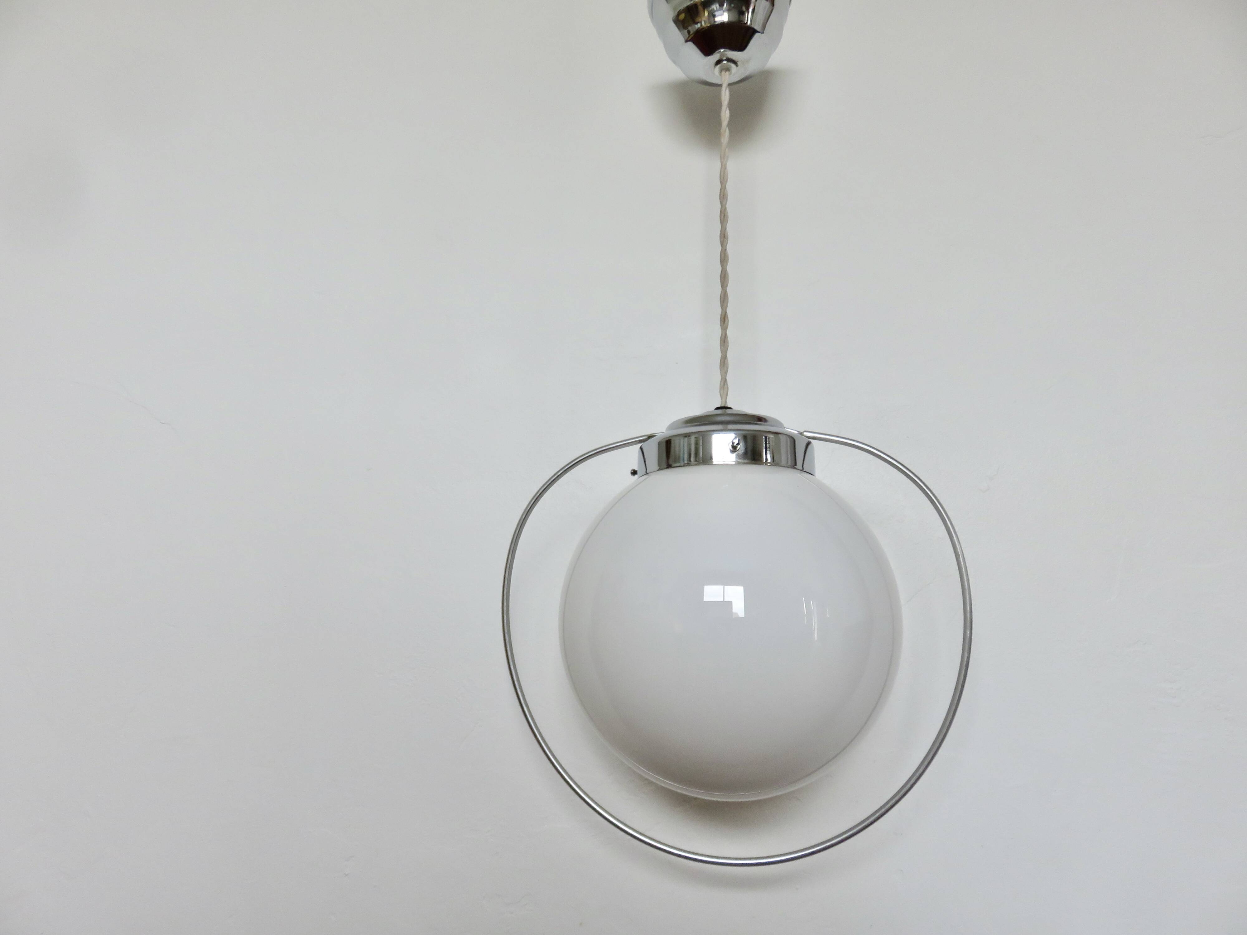 Art Deco pendant light in opaline and chrome-plated brass, 1930s-1940s