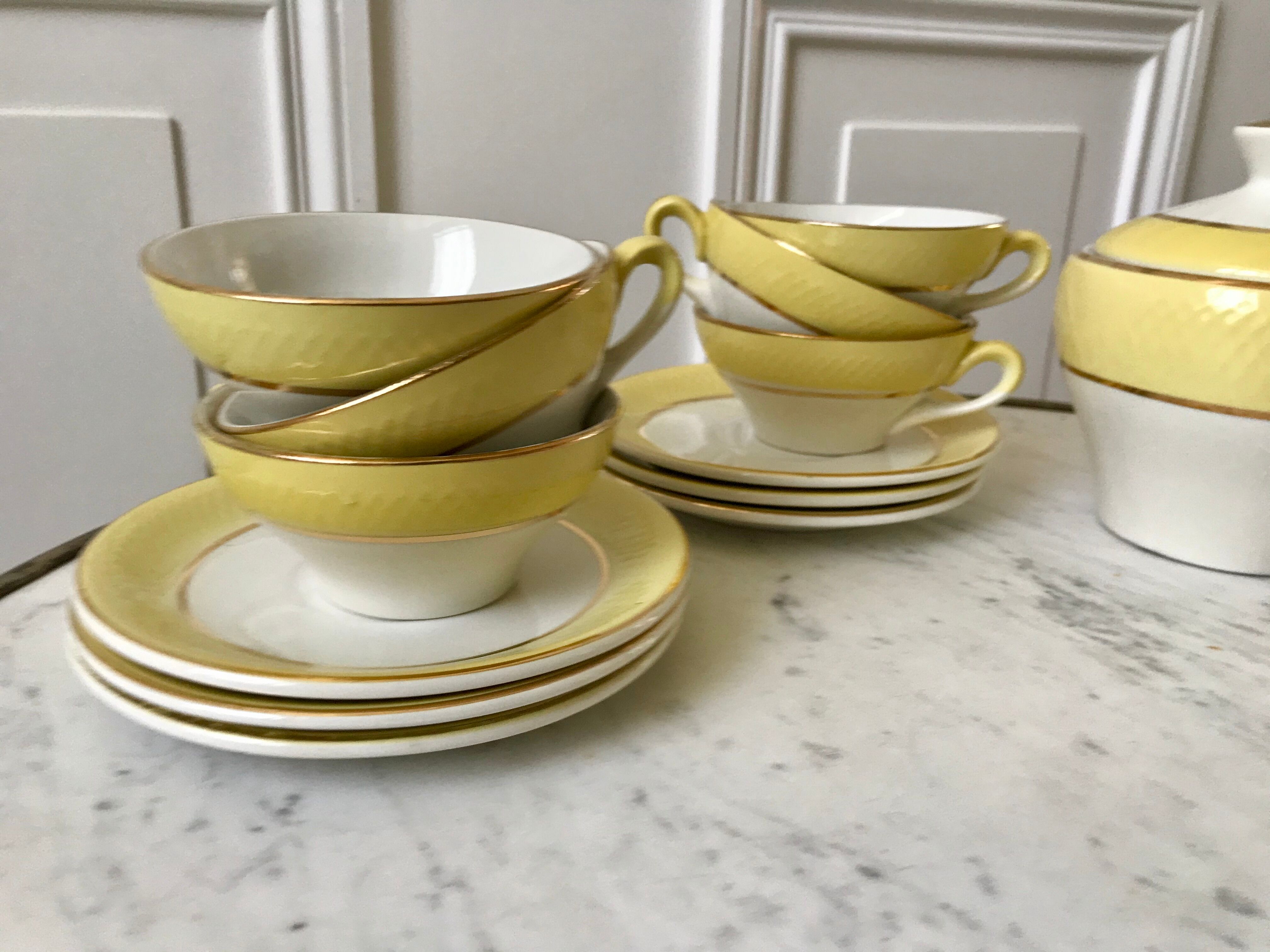 coffee set 6 cups, milk jug and sugar bowl Moulin des Loups textured yellow 50s