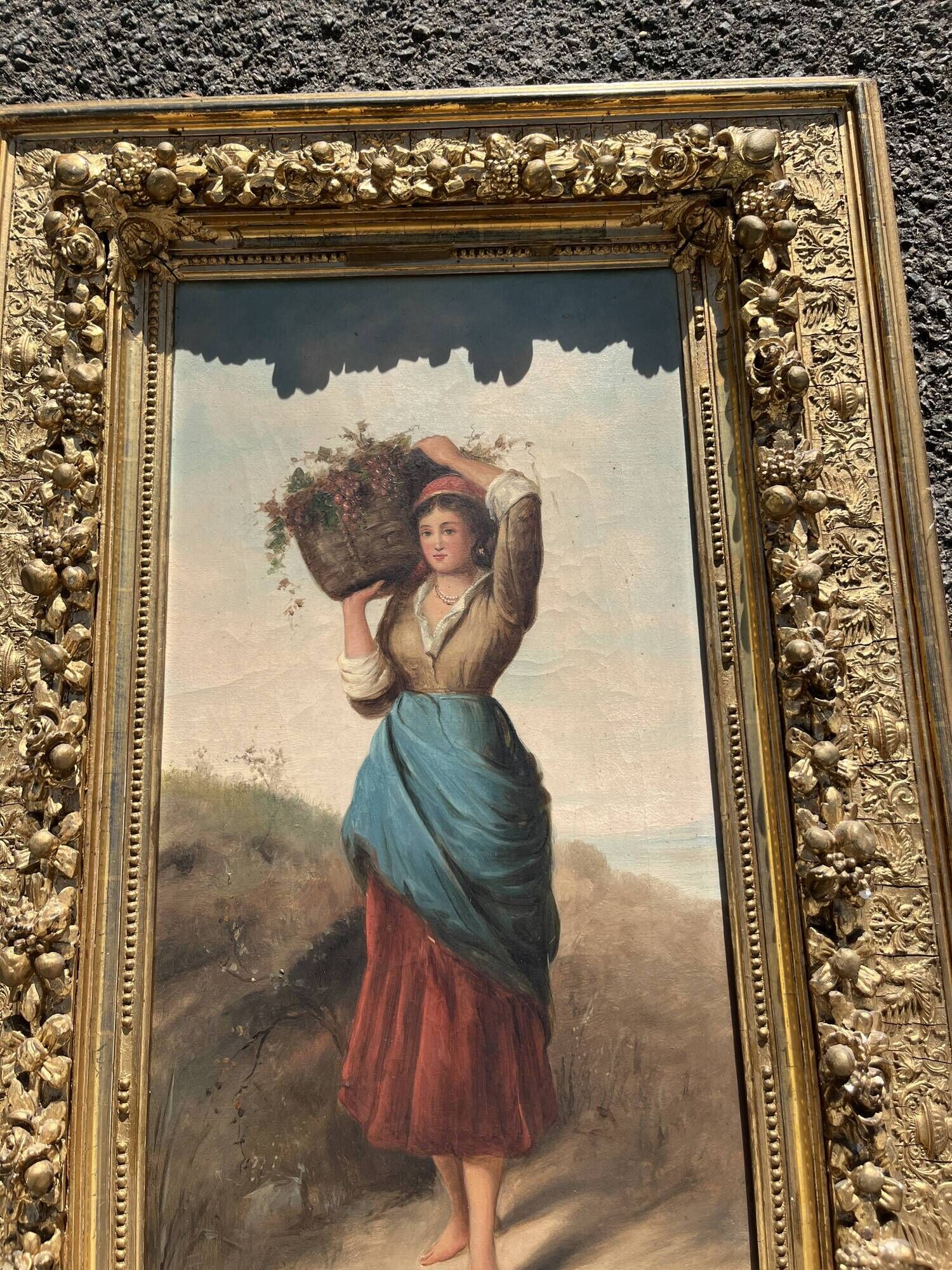 Ernesto Jolli – Oil on canvas 19th century – Young woman with a basket of flowers