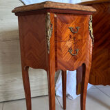 Commode marquetterie and its two bedside tables marble and bronze