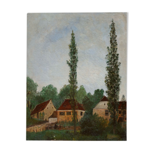 Le Hameau, huile sur toile Pierre