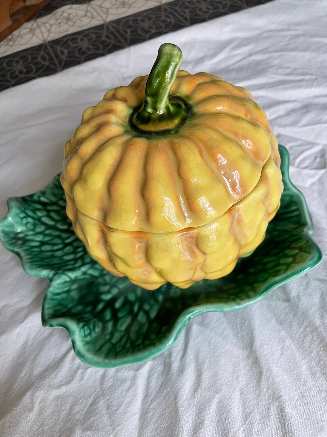 Antique majolica pumpkin jam jar