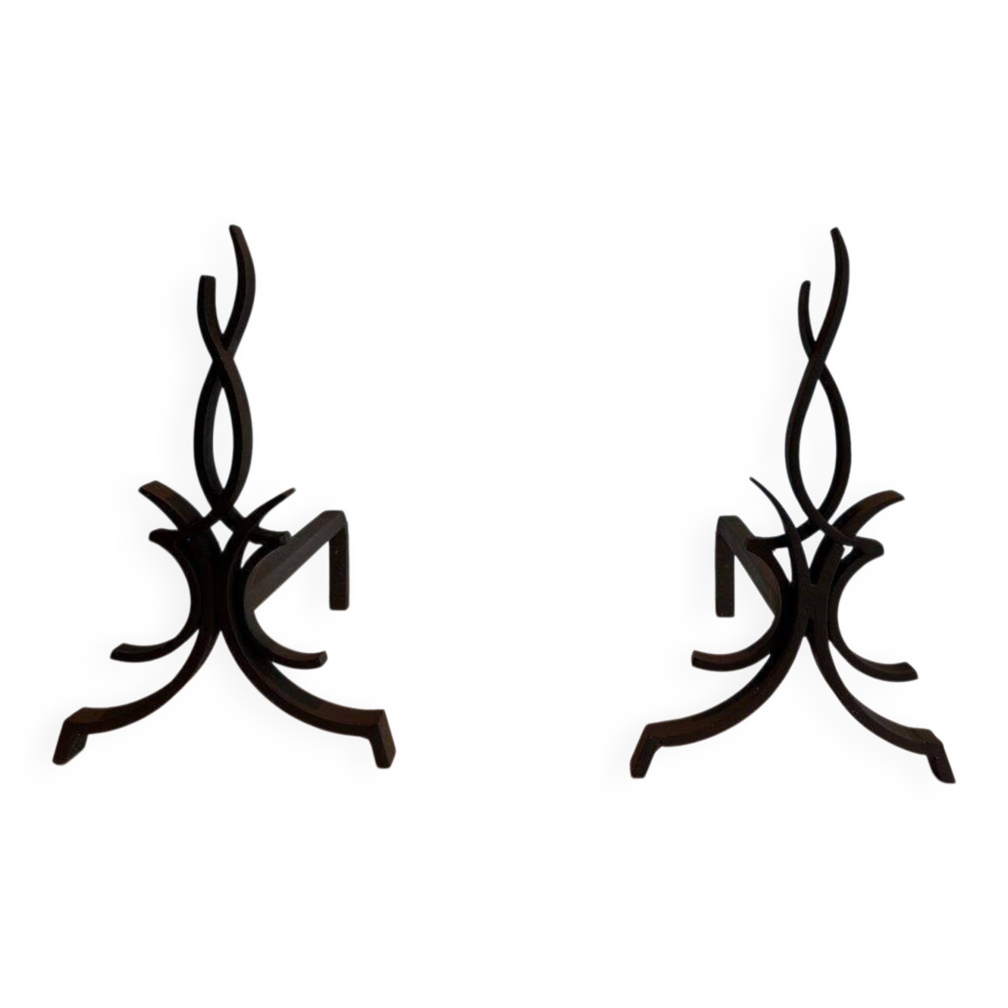 Pair of Wrought Iron Andirons with Stylised Flamboyant Uprights and Enrobed Feet