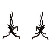 Pair of Wrought Iron Andirons with Stylised Flamboyant Uprights and Enrobed Feet