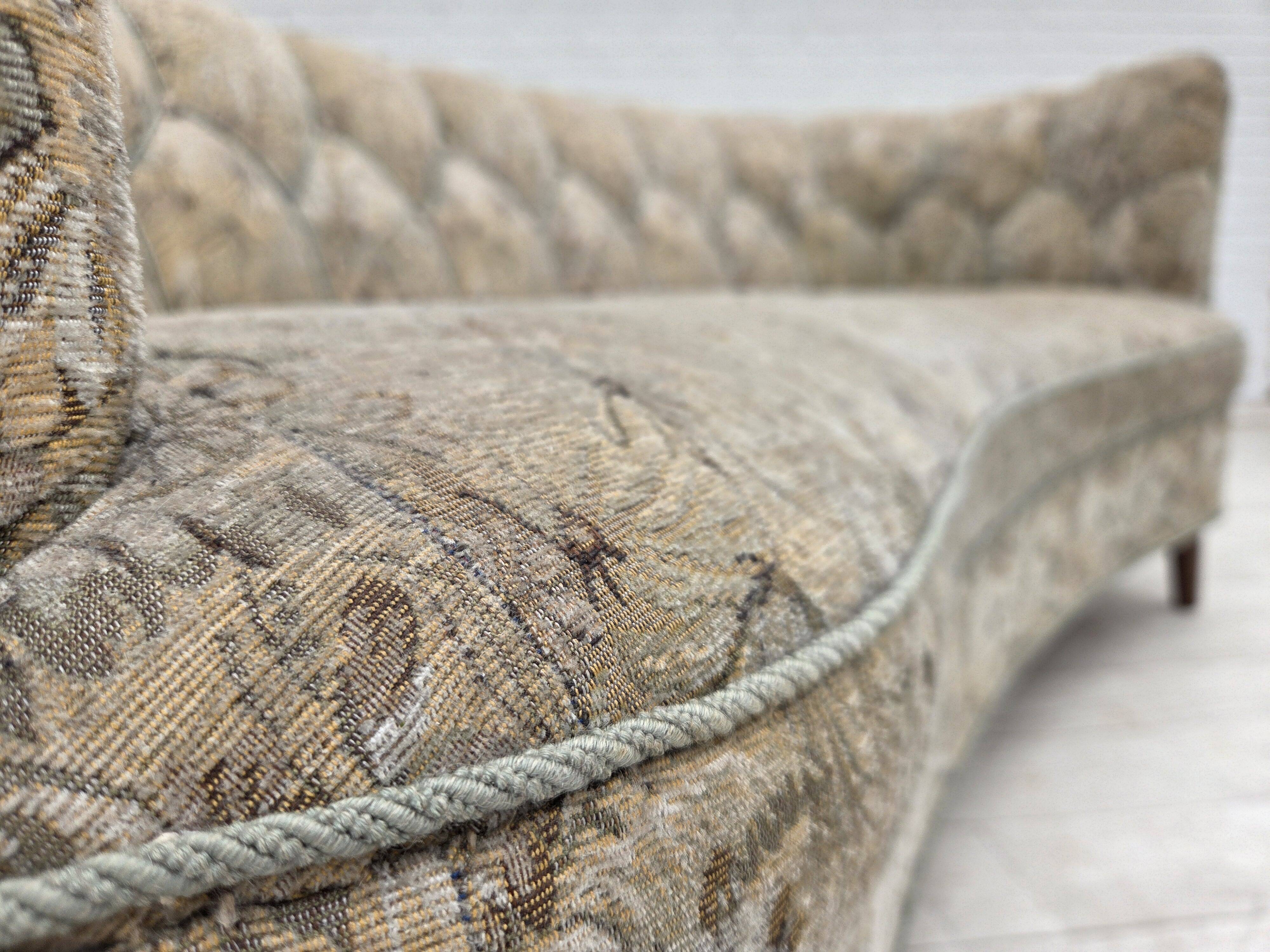 1970s, Danish 3 seater curved sofa, original multicolor furniture fabric.