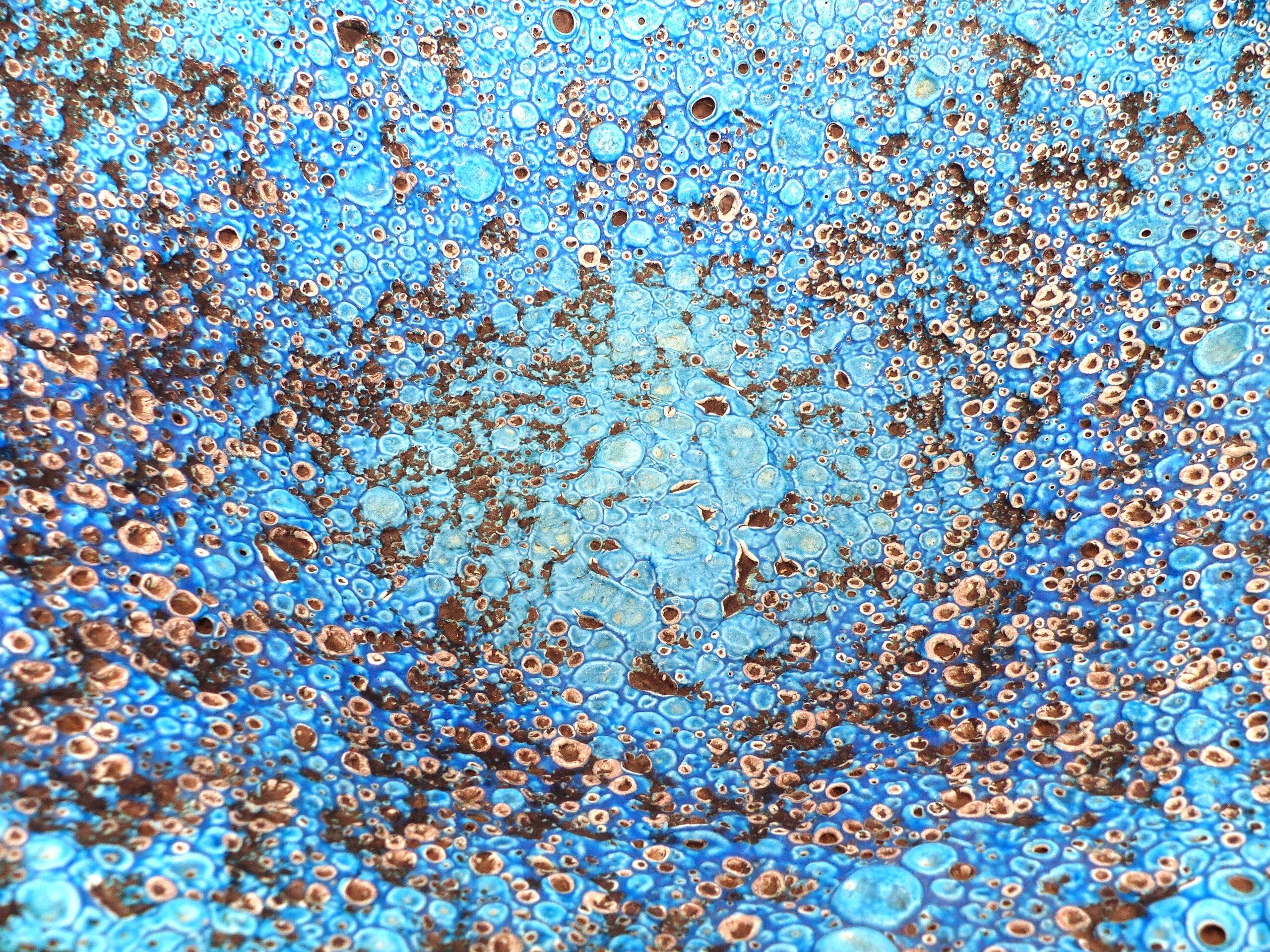 Ceramic fruit bowl with turquoise blue sea foam enamels, 1950