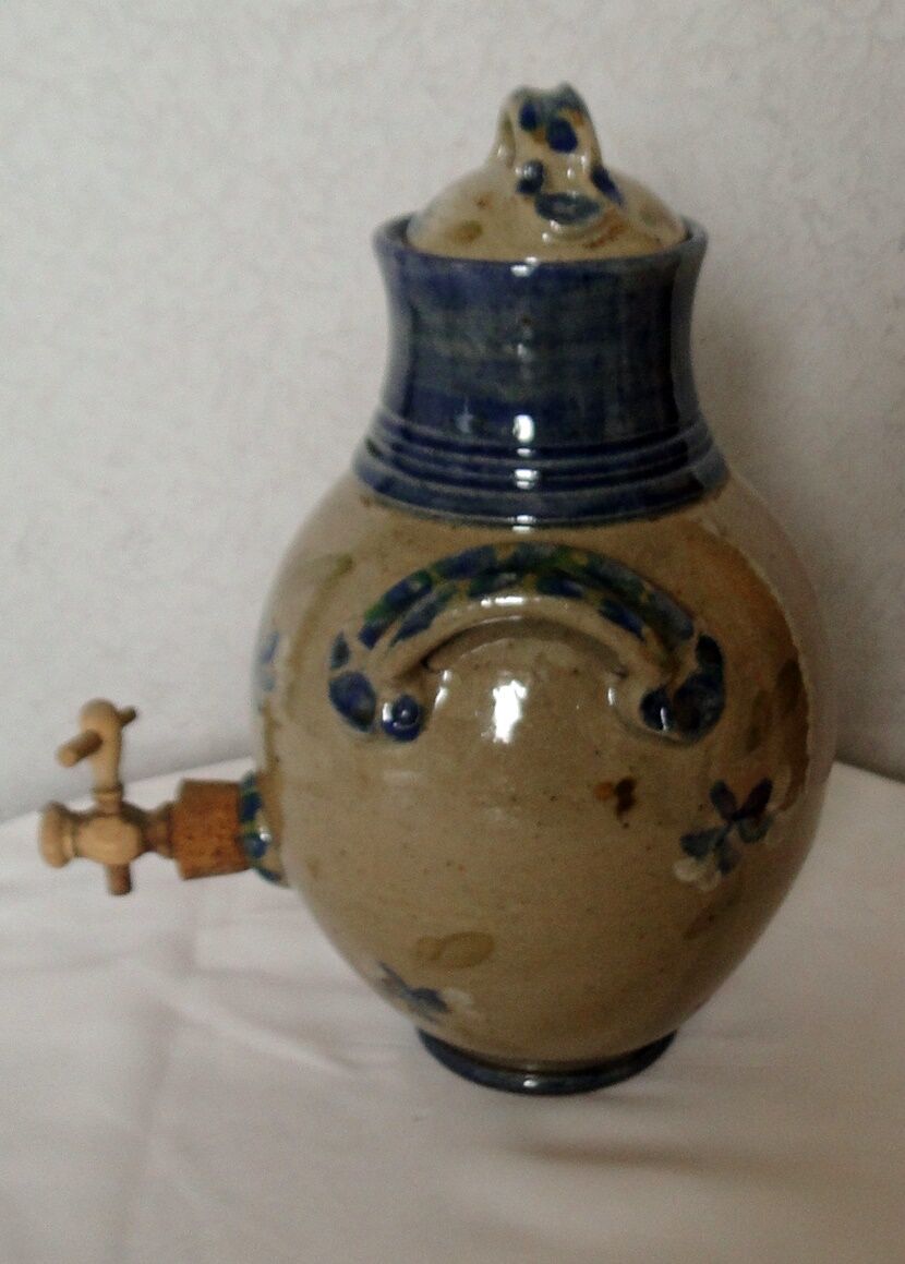 Old belly vinegar in beige and blue enamelled gres