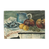 Still life with sardines oil on ancient canvas