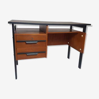 Bureau vintage design années 50 bois miel et noir