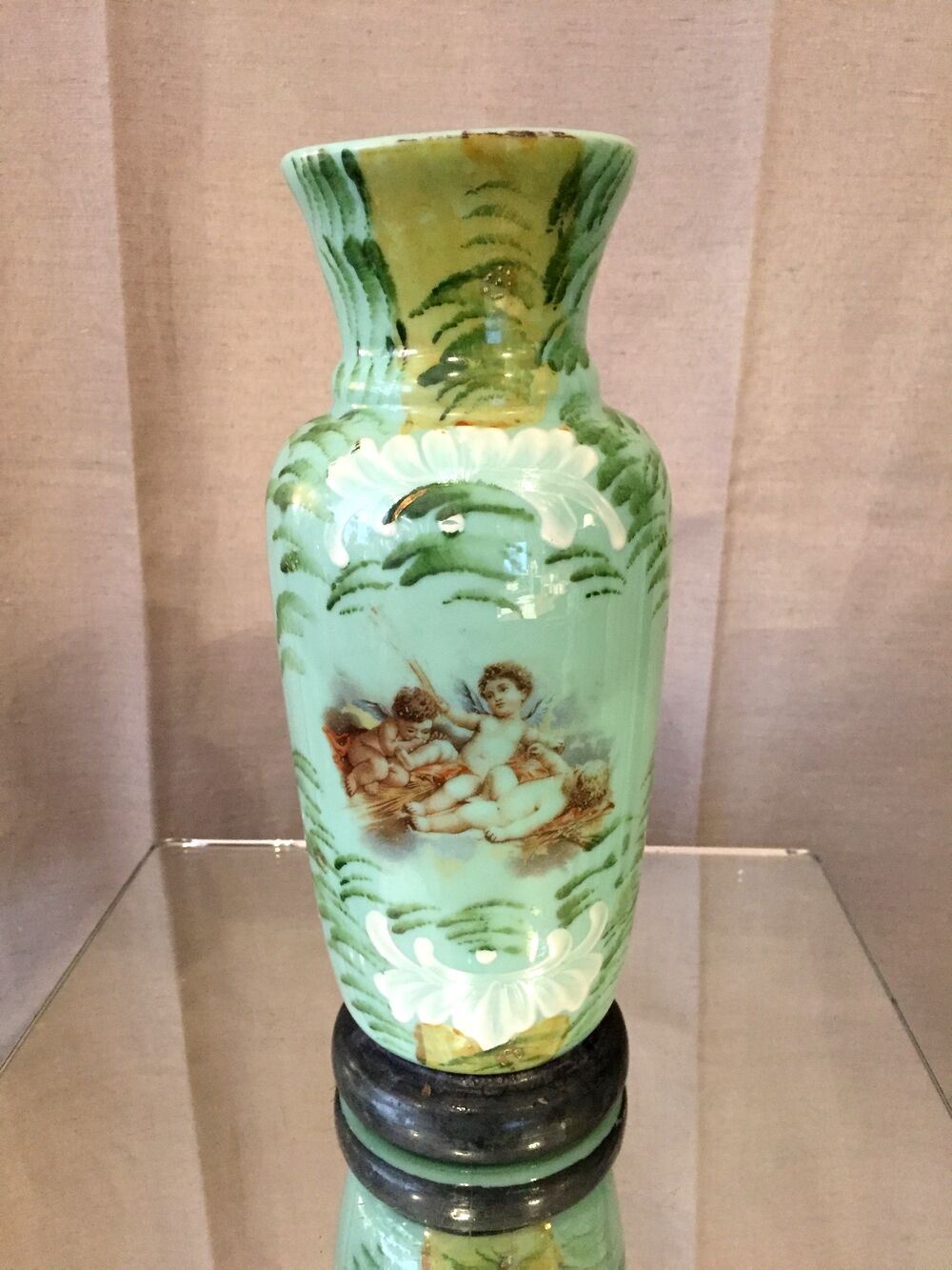 Green opaline vase decorated with cherubs painted and enamelled motifs