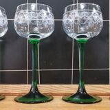 Set of 4 old green-stemmed wine glasses from Alsace Engraved vine decoration ARC cristal