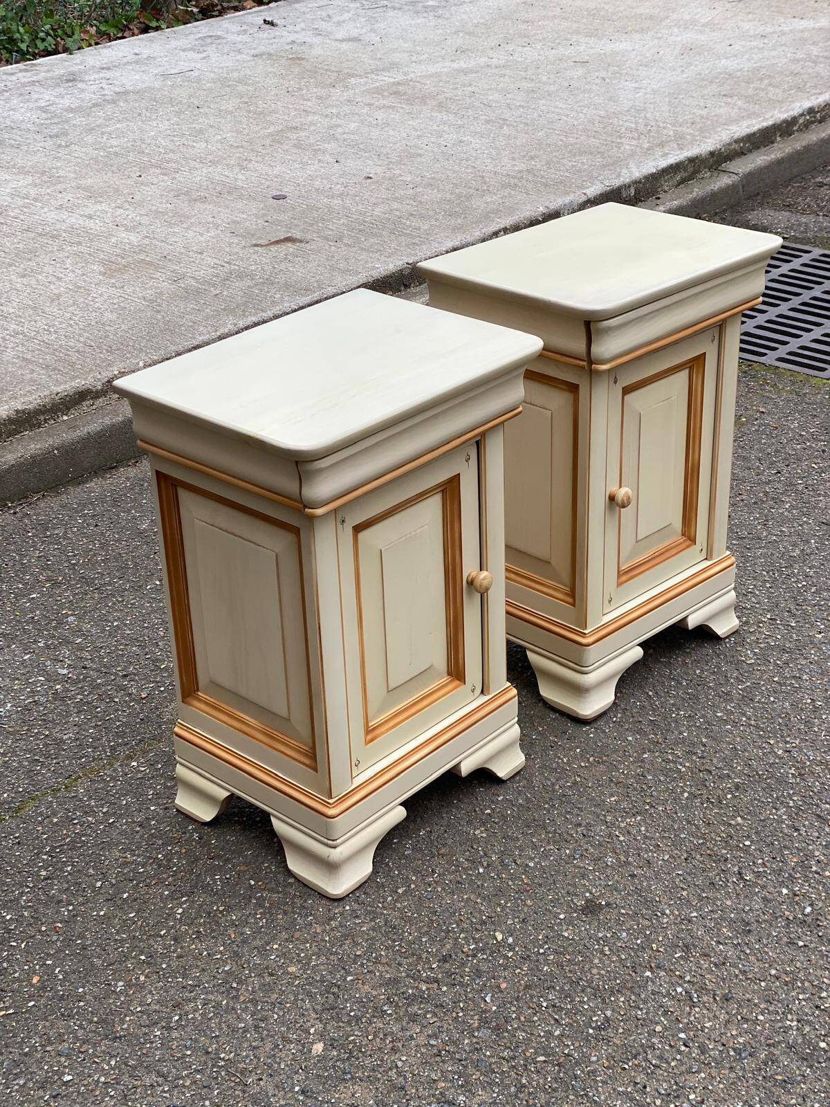 2 Louis Philippe bedside tables in solid beige wood.