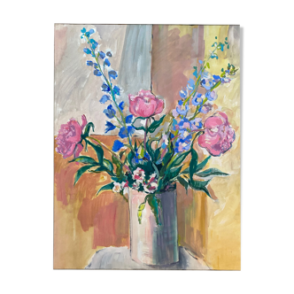Painting Large "Bouquet of flowers of the fields" Gouache on xx° paper