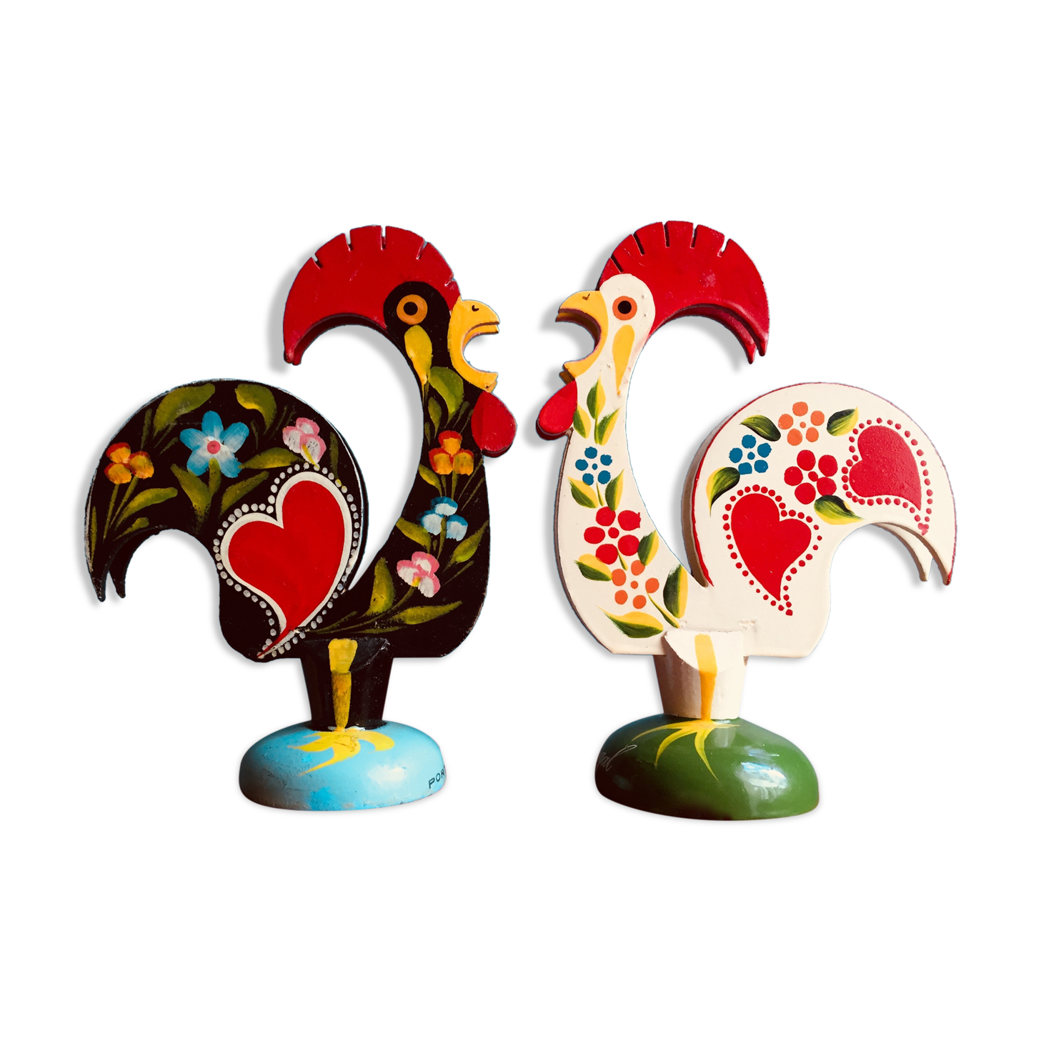 Retro wooden roosters vintage red green black and white Portugal