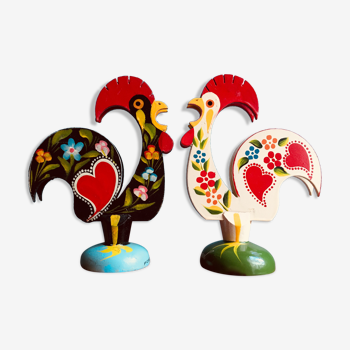 Retro wooden roosters vintage red green black and white Portugal
