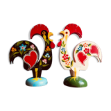 Retro wooden roosters vintage red green black and white Portugal