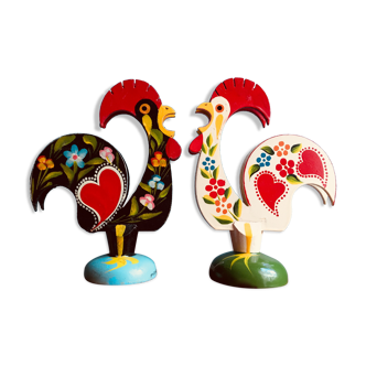 Retro wooden roosters vintage red green black and white Portugal