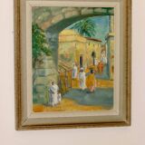 Original Swedish mid-century oil painting on panel "City" – Vintage and frame