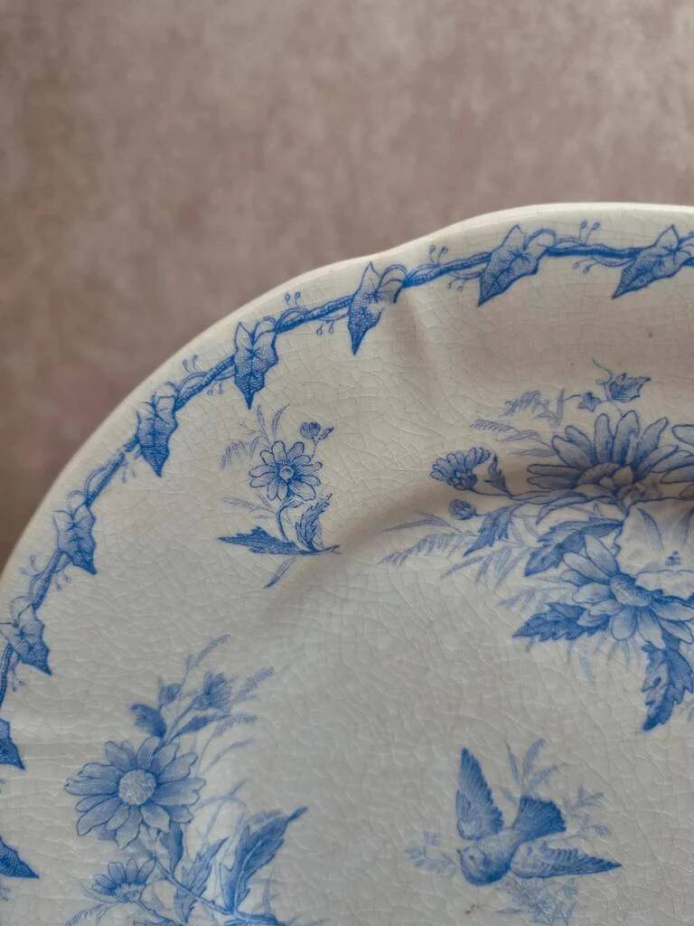 Assiette ancienne Gien Liserons – Décor oiseaux et fleurs bleu