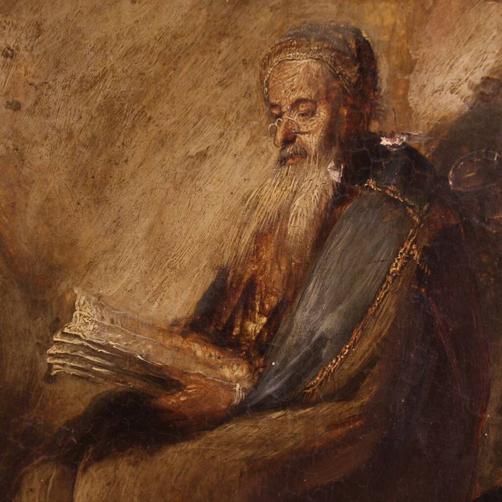 Antique painting on panel depicting Hermit from the 18th century