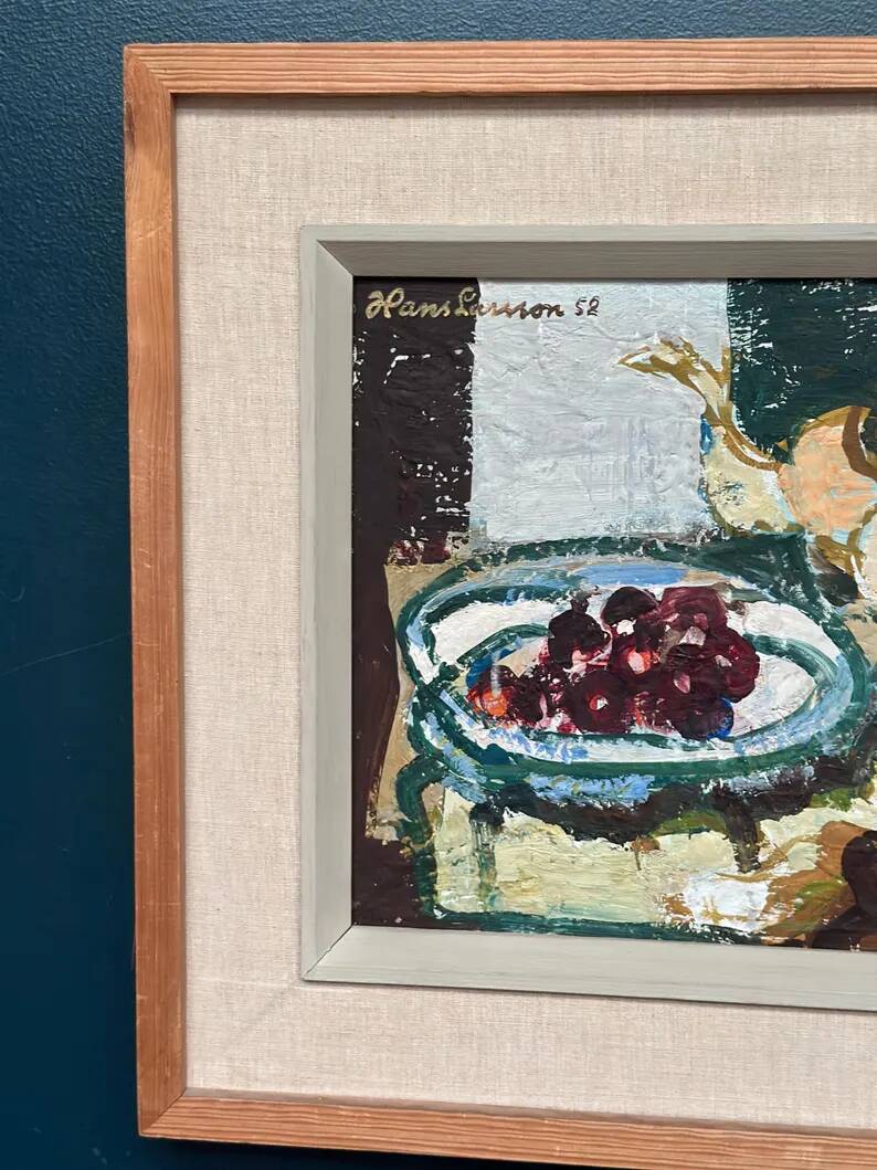 Original Swedish Oil on Panel "Fruits and Teapot" by Hans Larsson – Framed