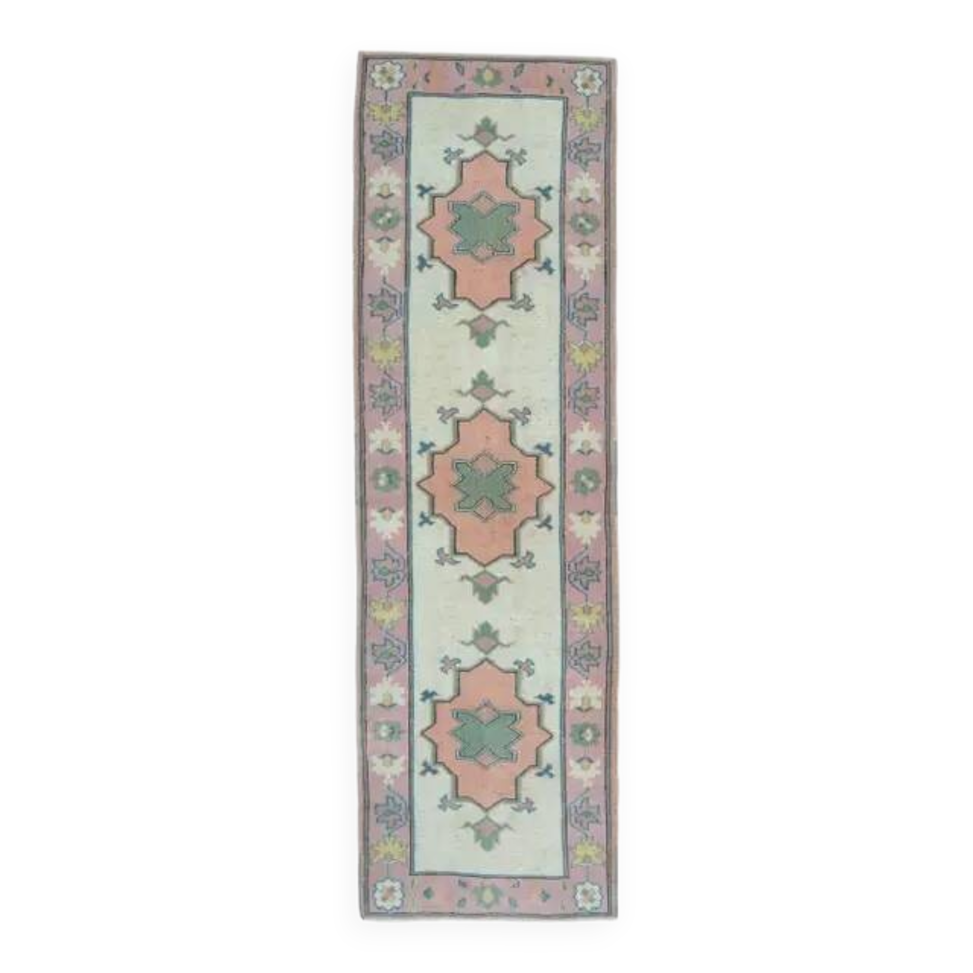 1970s Vintage Turkish Oushak Handmade Wool Cotton Orange Pink Rug  81x270