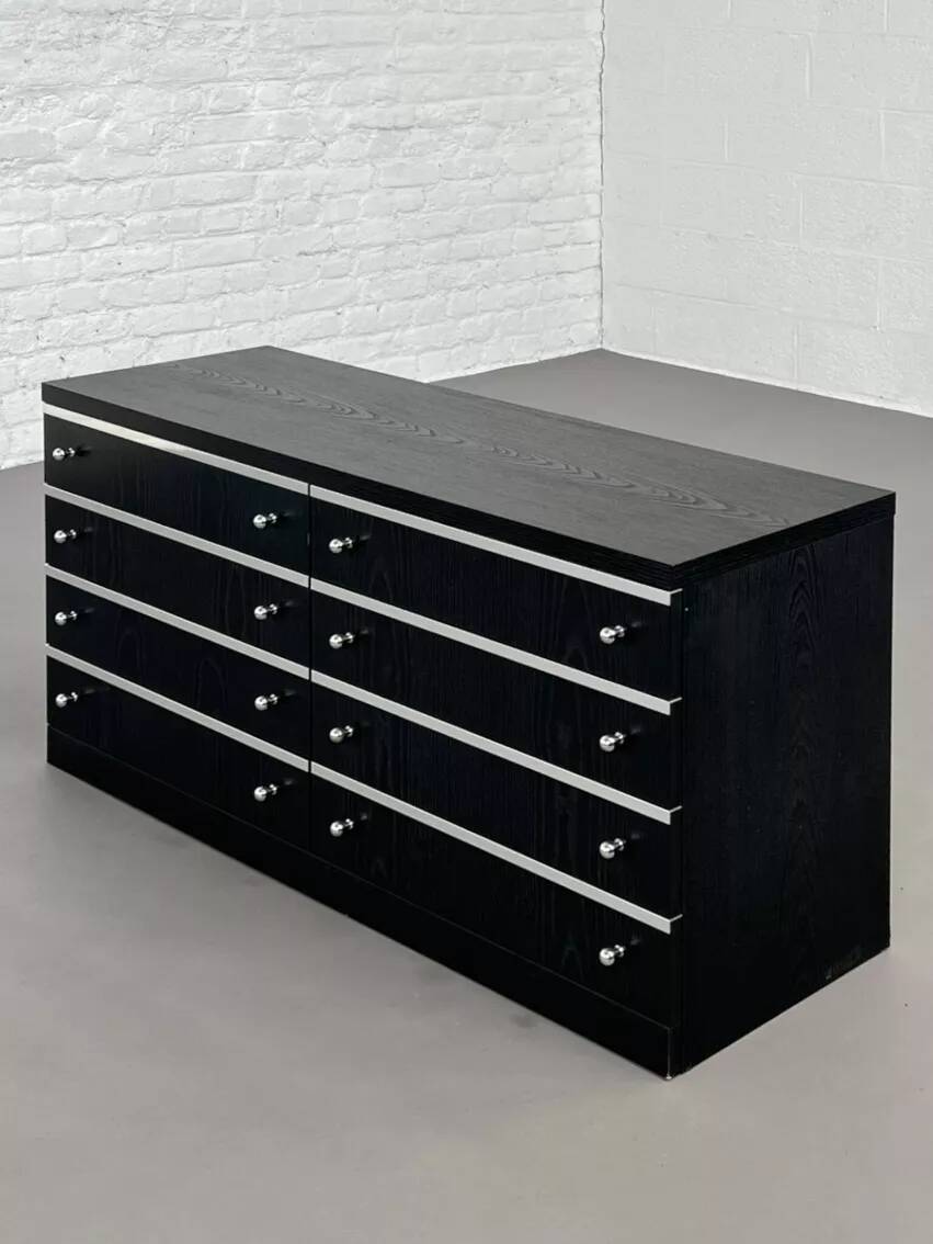Black and chrome 8-drawer chest of drawers from the 70s - 80s