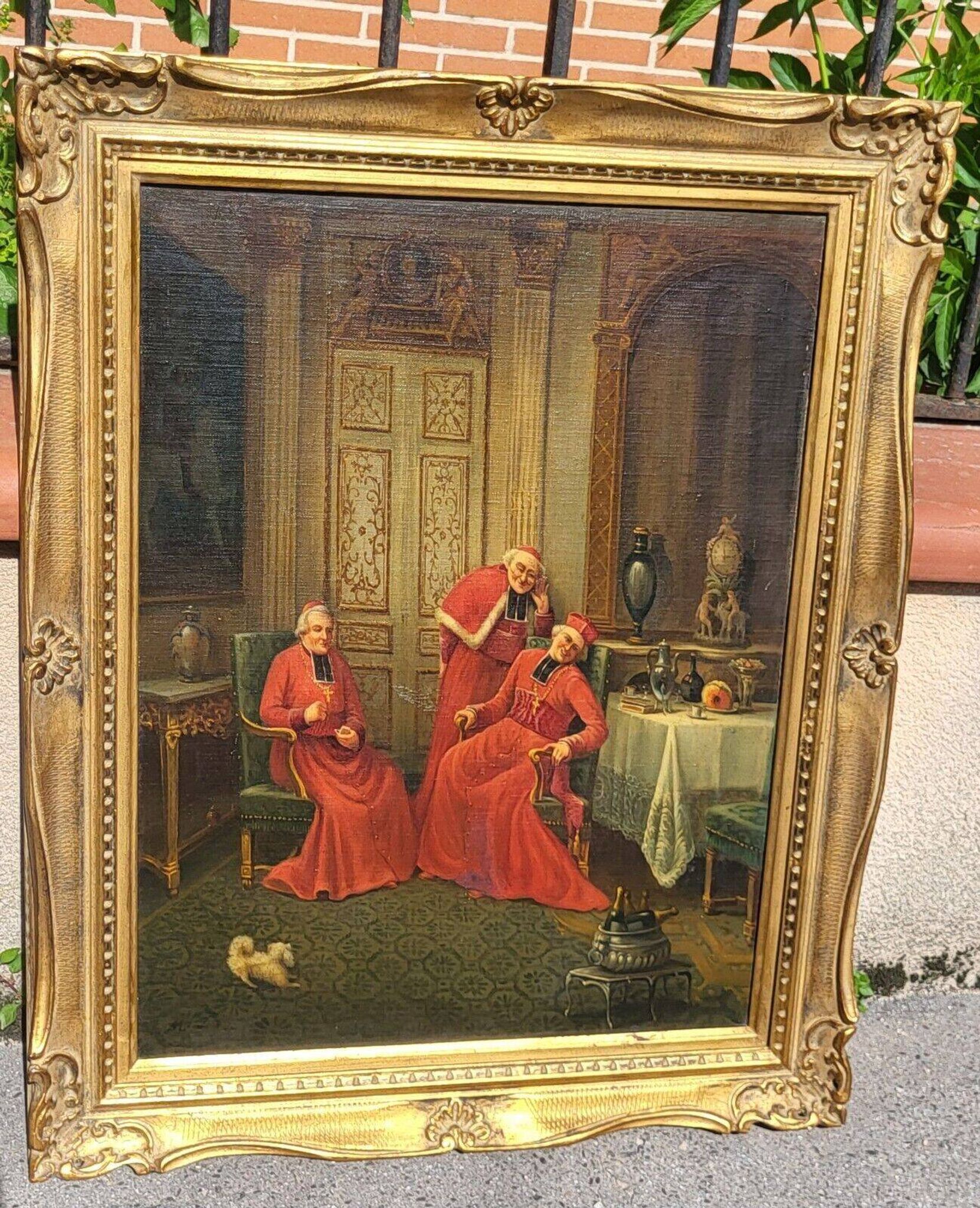 Signed Antique French Oil Painting – Cardinals in Luxurious Setting, 19th C