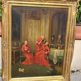 Tableau à l'huile ancien signé – Cardinaux dans un cadre luxueux, XIXe siècle