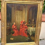 Signed Antique French Oil Painting – Cardinals in Luxurious Setting, 19th C