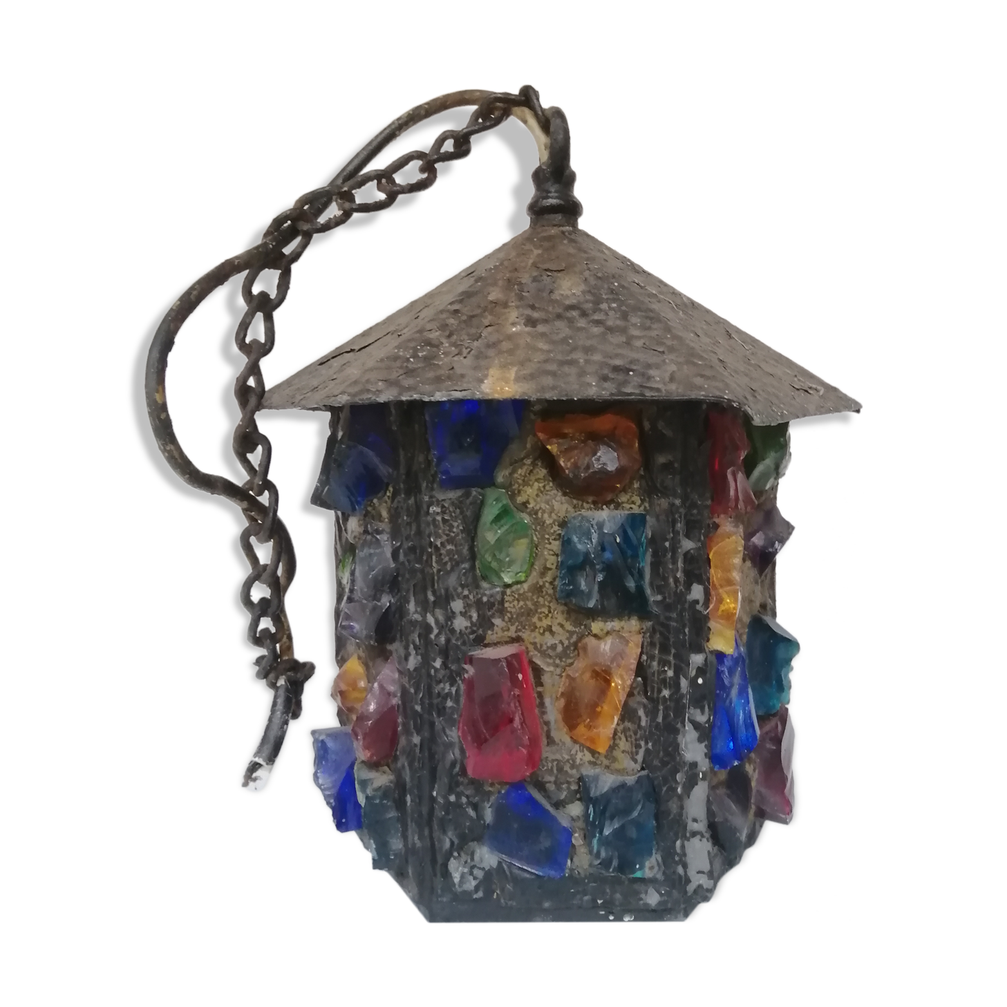 Peter Marsh porch lantern, colored glass, lead and Hammered Sheet metal, 1950s Arts & Crafts
