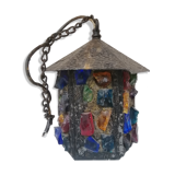 Peter Marsh porch lantern, colored glass, lead and Hammered Sheet metal, 1950s Arts & Crafts