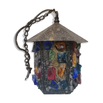 Peter Marsh porch lantern, colored glass, lead and Hammered Sheet metal, 1950s Arts & Crafts