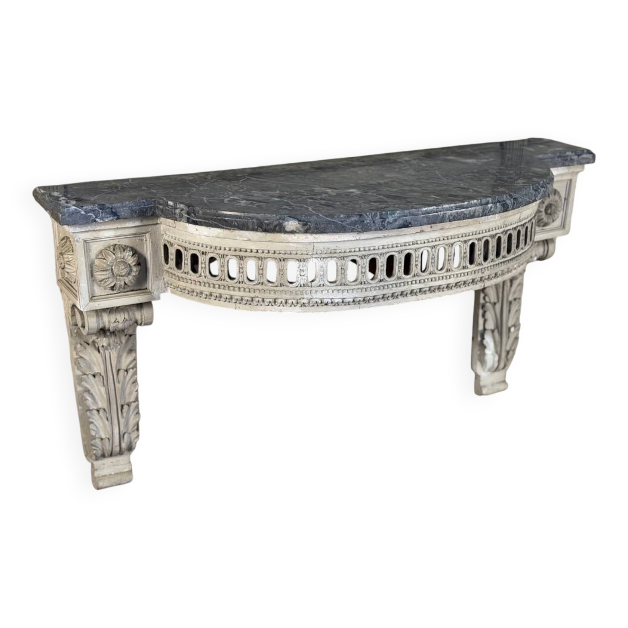 Louis XVI wall console in carved wood, grey patina, 18th century.
