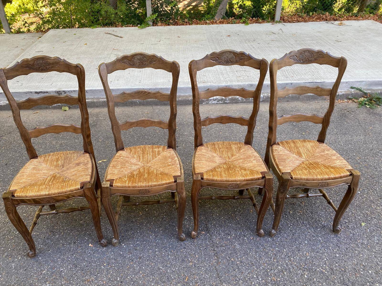 Set of 4 Vintage BAUMANN Chairs in Solid Wood with Rush Seating, Louis XV Style