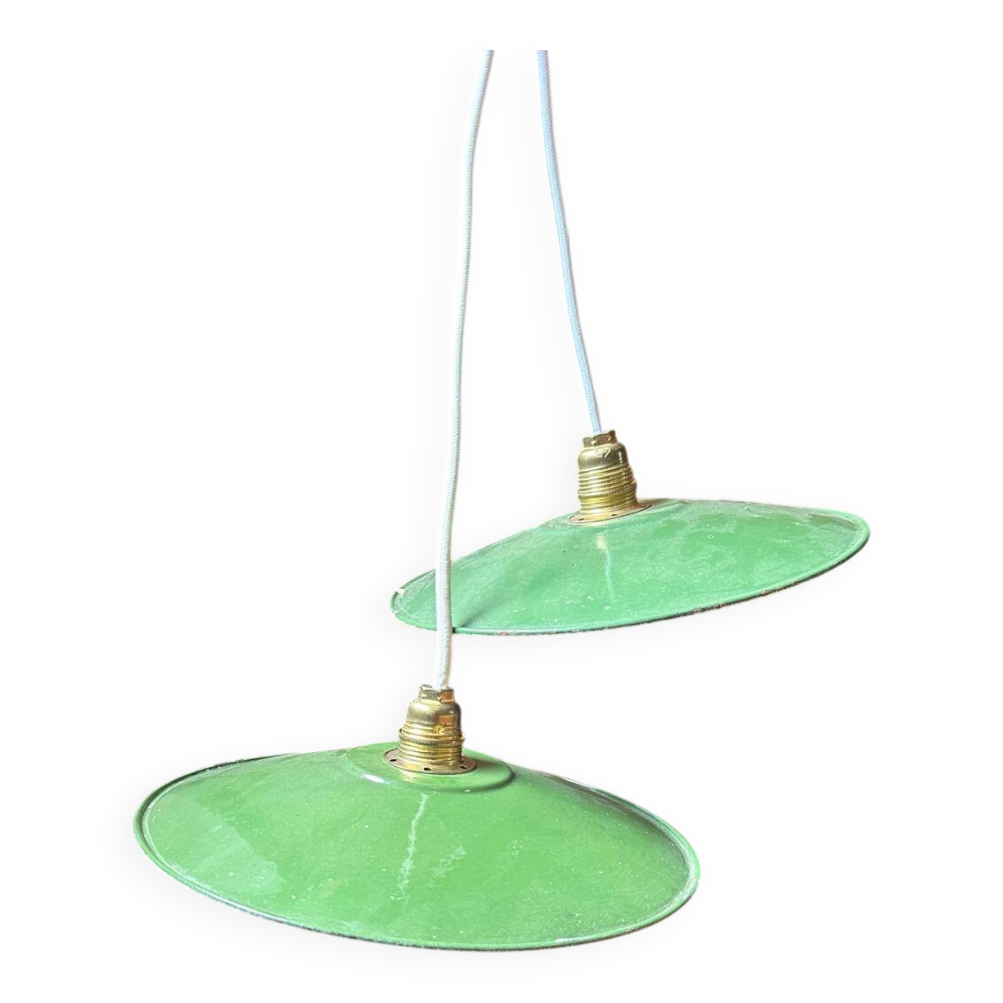 Set of two vintage green and white enamelled sheet metal lampshade pendants
