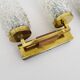 Pair of double-light wall lights, brass, teak globe, glass tubes. 50s-60s