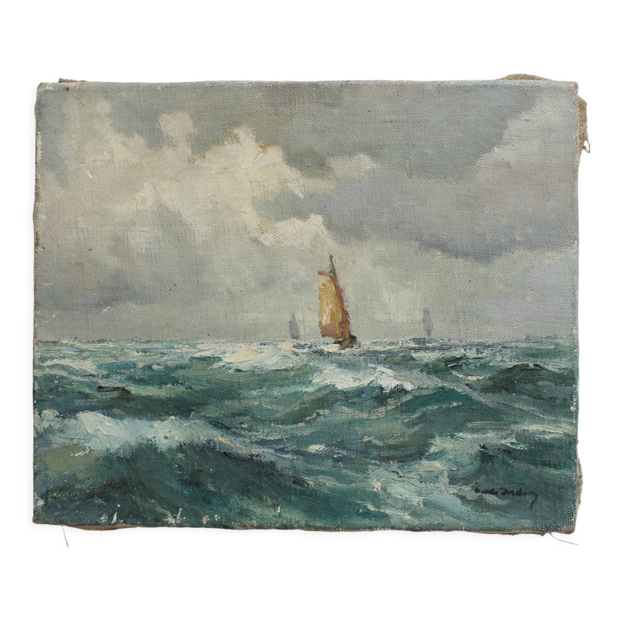 Old painting oil on marine canvas signed, early twentieth century