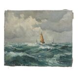 Old painting oil on marine canvas signed, early twentieth century