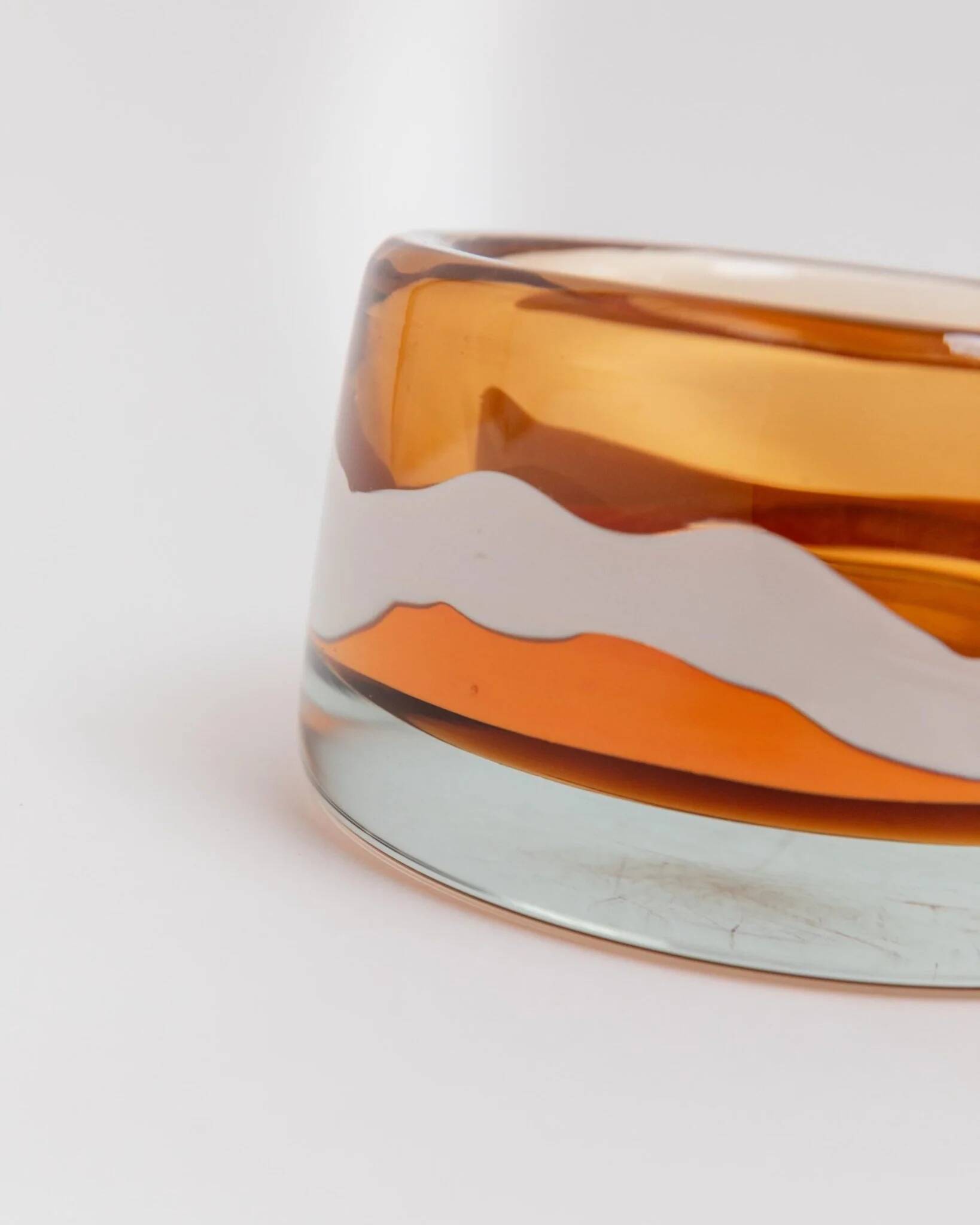 Vintage Skrdlovice Glass Bowl by Jaroslav Svoboda – Bold orange amber glass with white wave, Czech 1970s