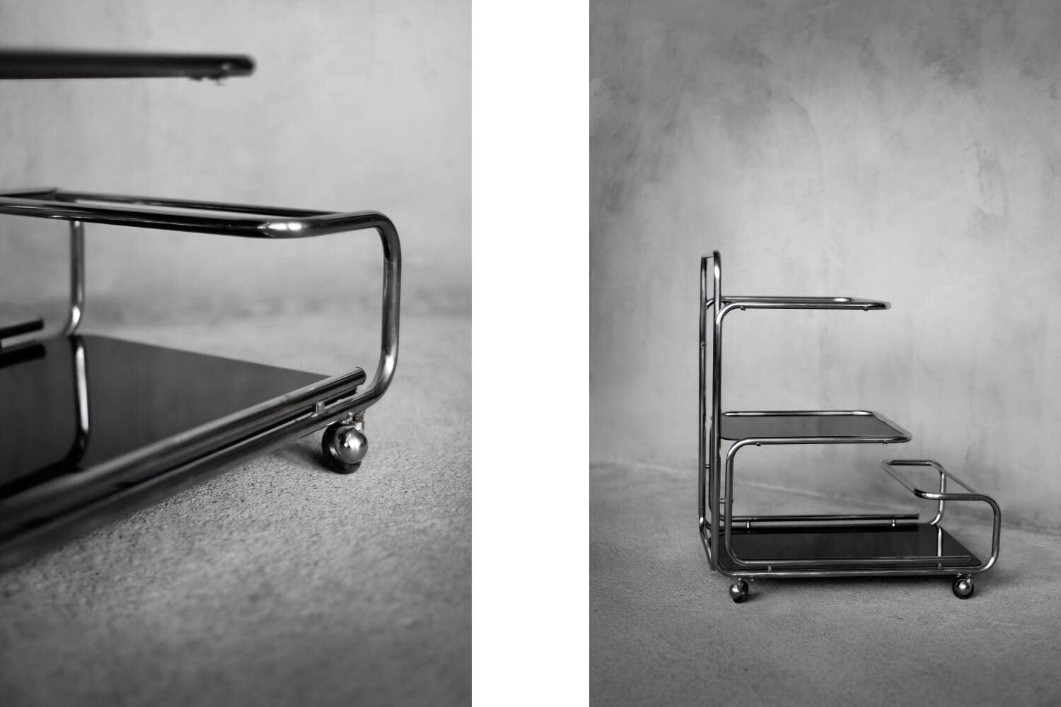 Vintage Mid-Century German Modern Bauhaus Chrome & Glass Serving Trolley