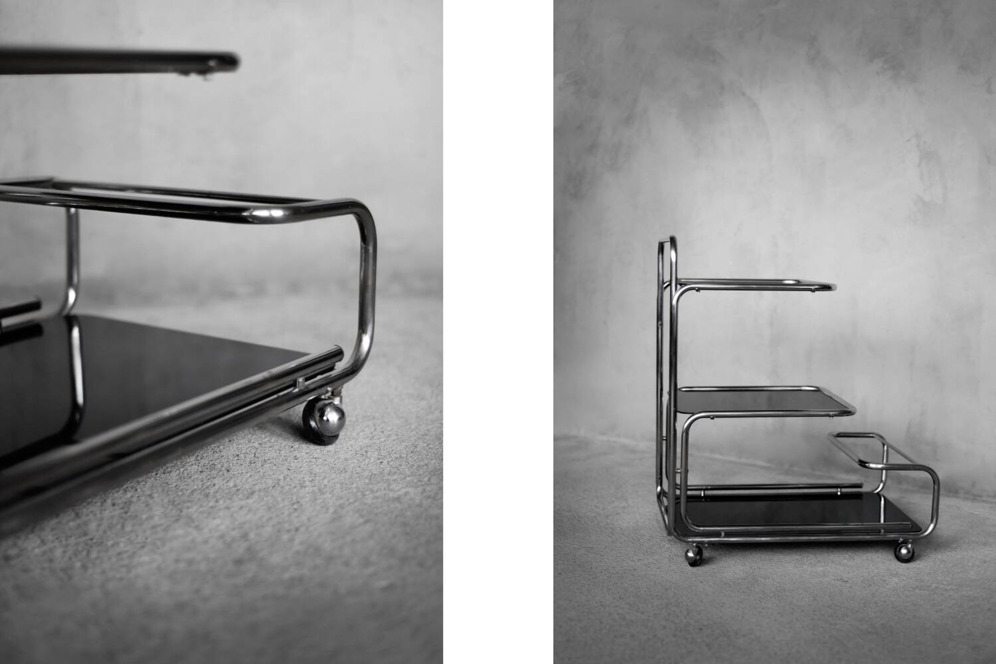 Vintage Mid-Century German Modern Bauhaus Chrome & Glass Serving Trolley
