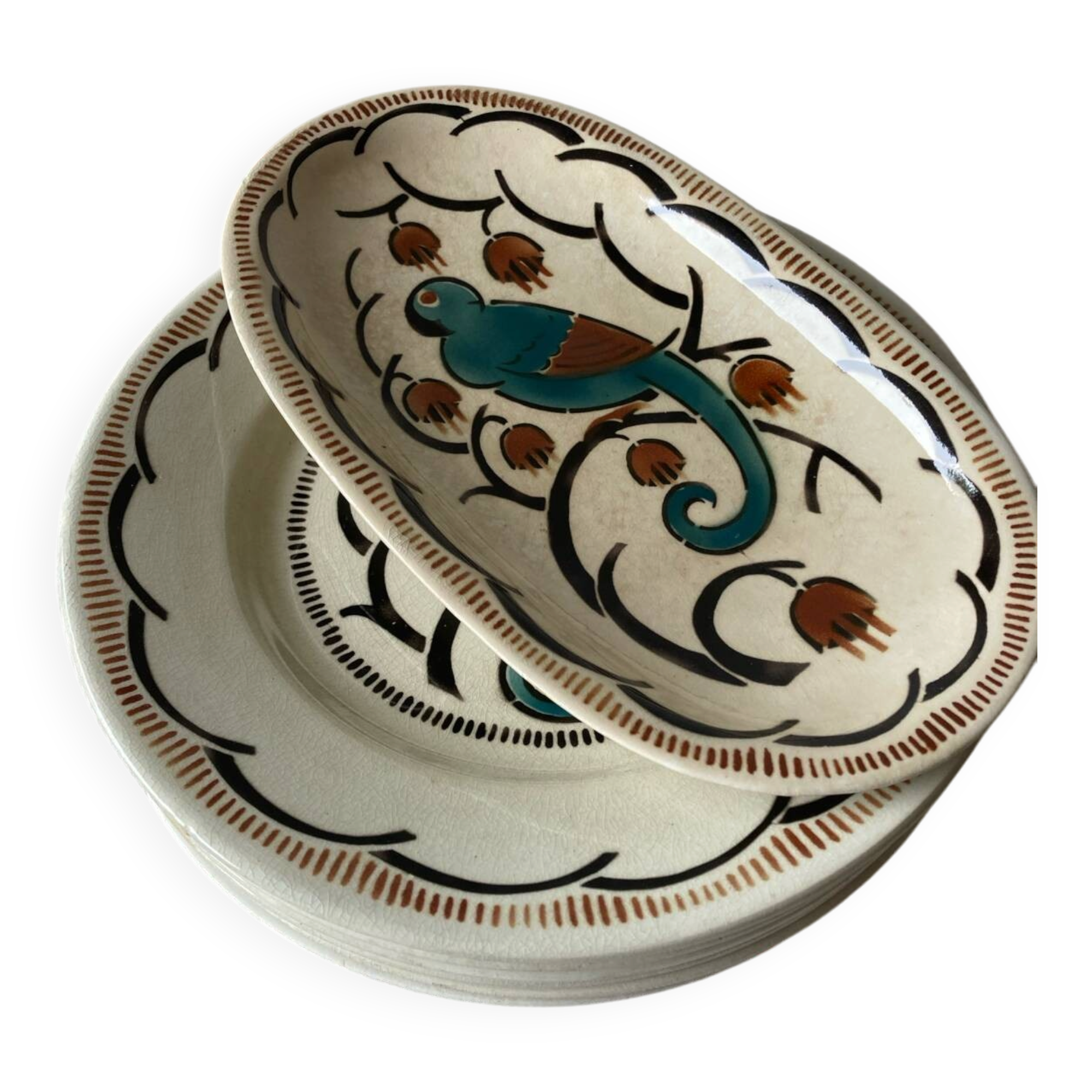 Dessert plates and serving dish, K&G Luneville, parakeet model.