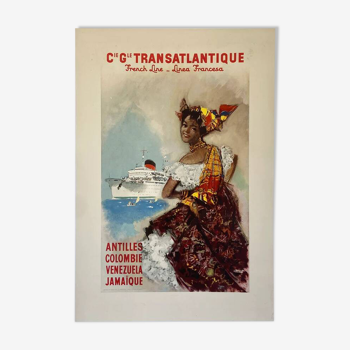 Original poster Compagnie Générale Transatlantique by A Brenet in 1950 - Small Format - On linen