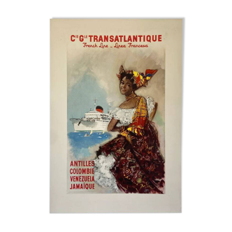 Original poster Compagnie Générale Transatlantique by A Brenet in 1950 - Small Format - On linen