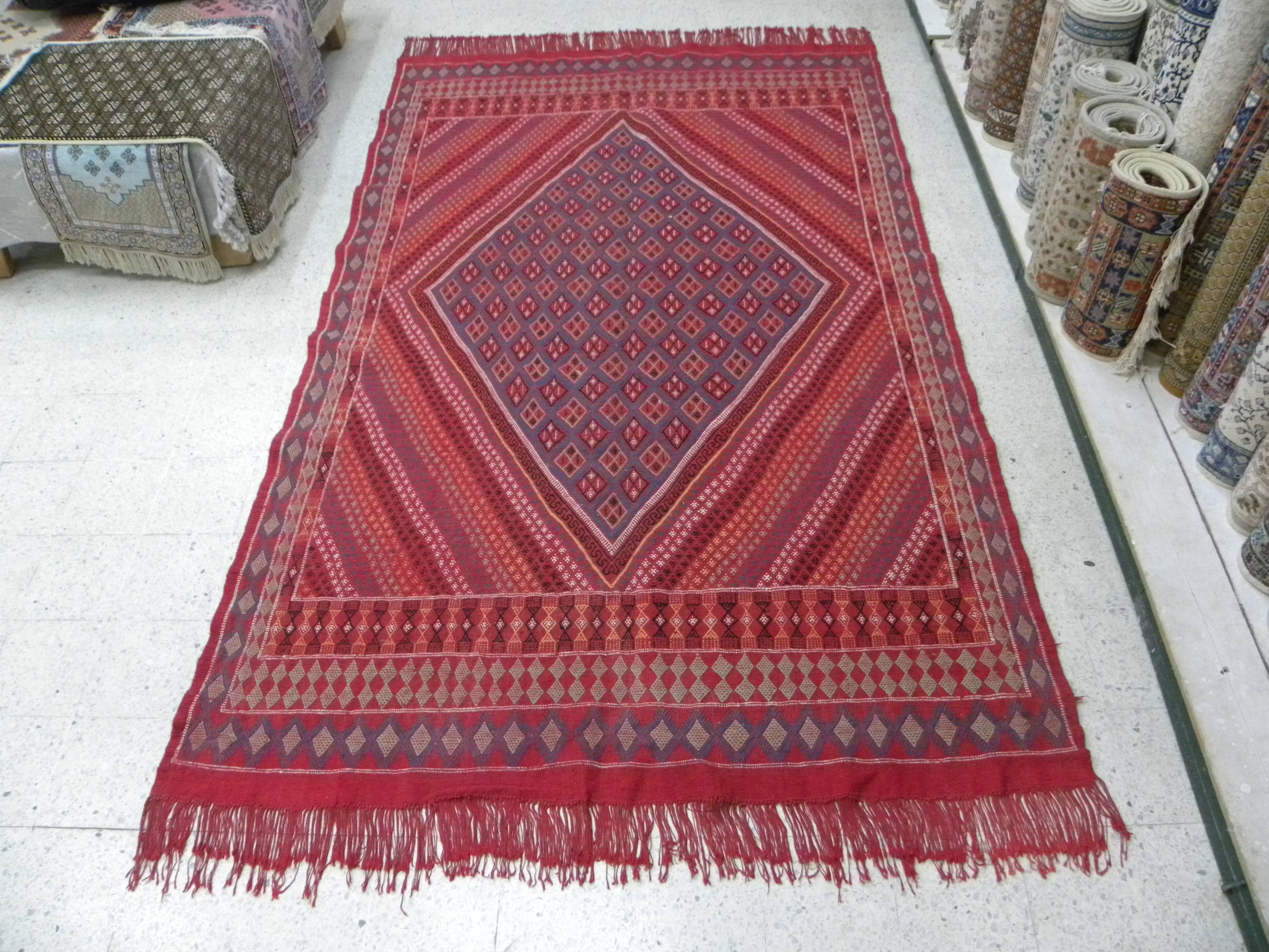 Vintage Tunisian Berber Nomadic Tribal Rug Old Red Diamond Pattern