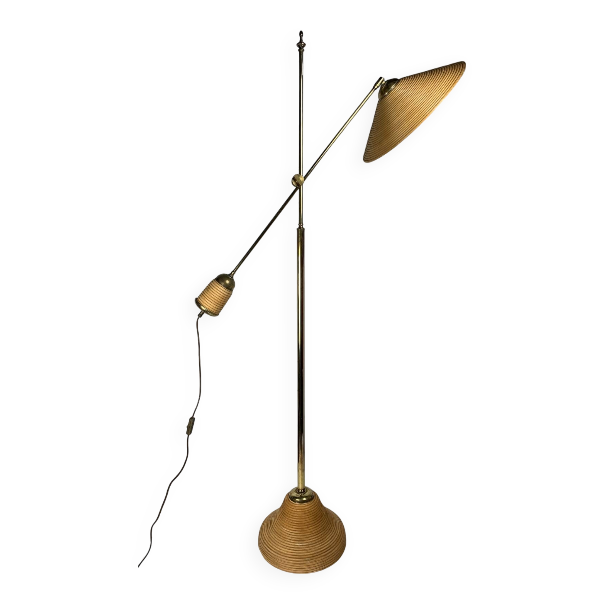 Italian Adjustable Floor Lamp in Pencil Reed, Bamboo, Rattan and Brass, 1970s