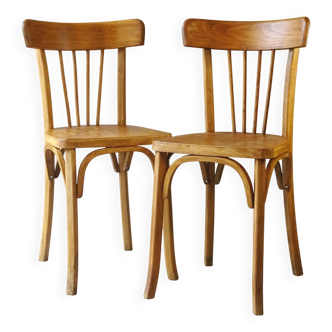2 chaises bistro par Luterma blondes, 1950, barreaux en éventail
