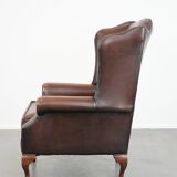 Brown smooth cow leather Chesterfield wingback armchair in English style